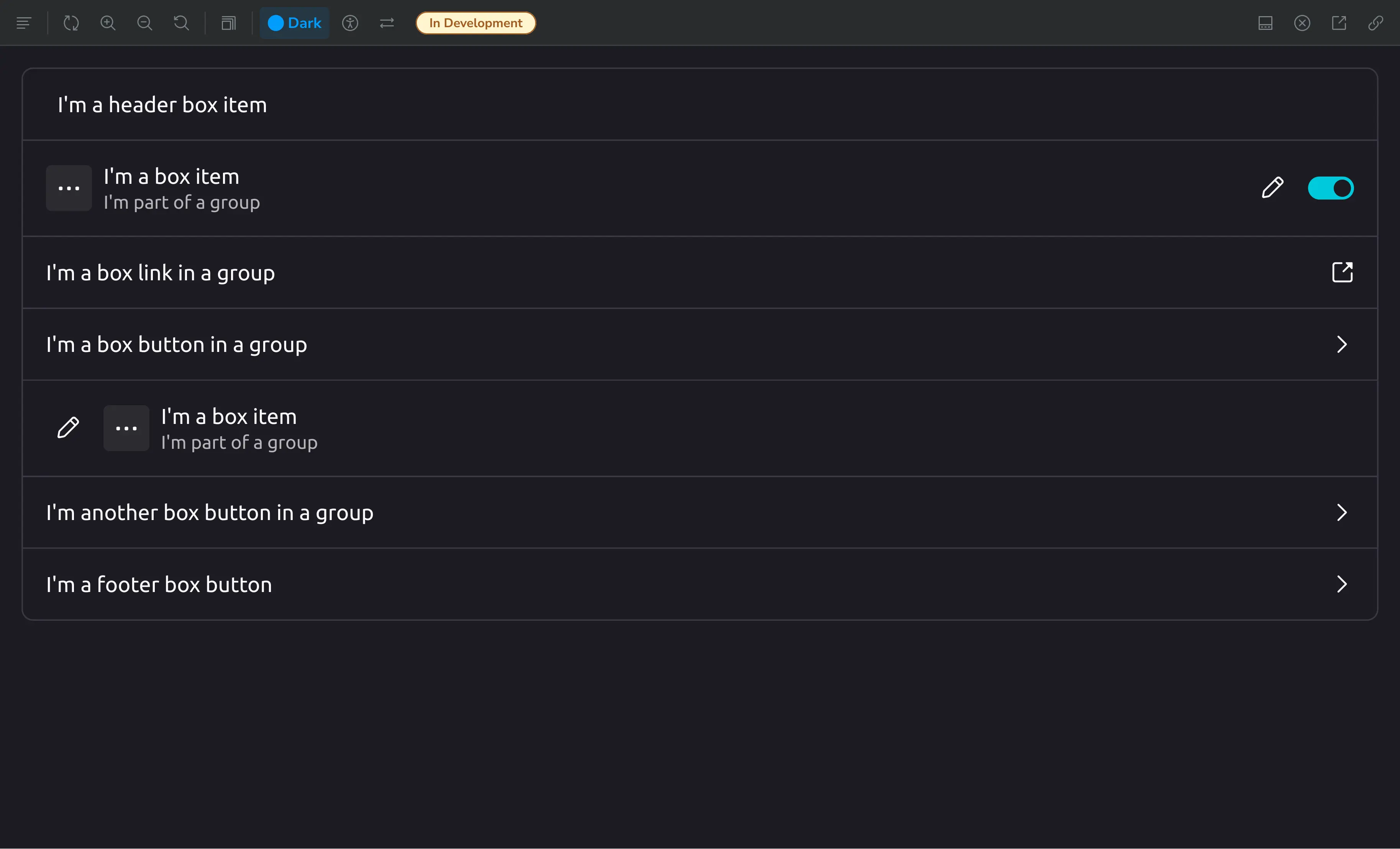 Box Group component on Storybook